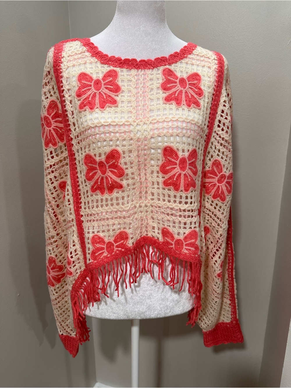House of Harlow 1960 Cream Crochet Sweater with Coral Bow Appliqués